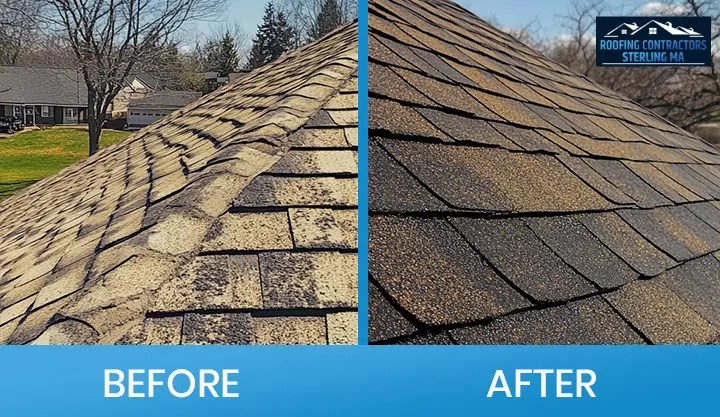 Before and after comparison of roof shingles repaired by a roofing contractor in Sterling MA.