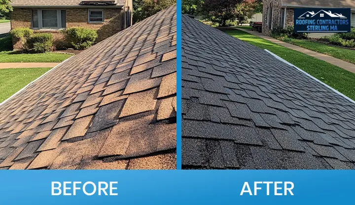 Roof restoration showing a dramatic before and after transformation by a Sterling MA roofing contractor.