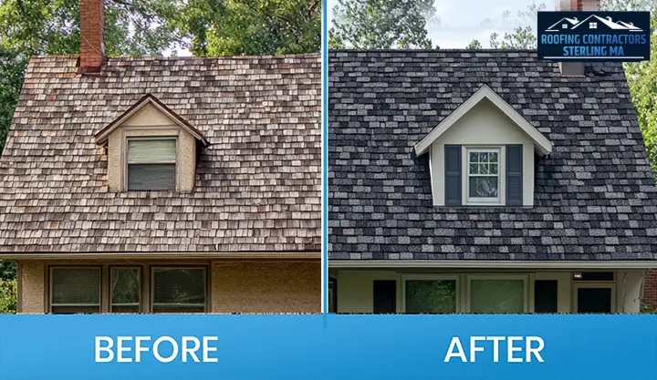 House with a newly installed roof replacing aged shingles by a roofing contractor in Sterling MA.