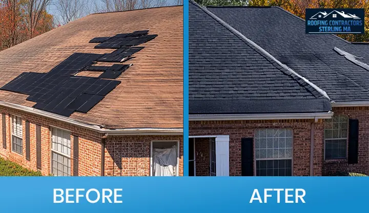 Before and after images of a roof upgrade completed by a roofing contractor in Sterling MA