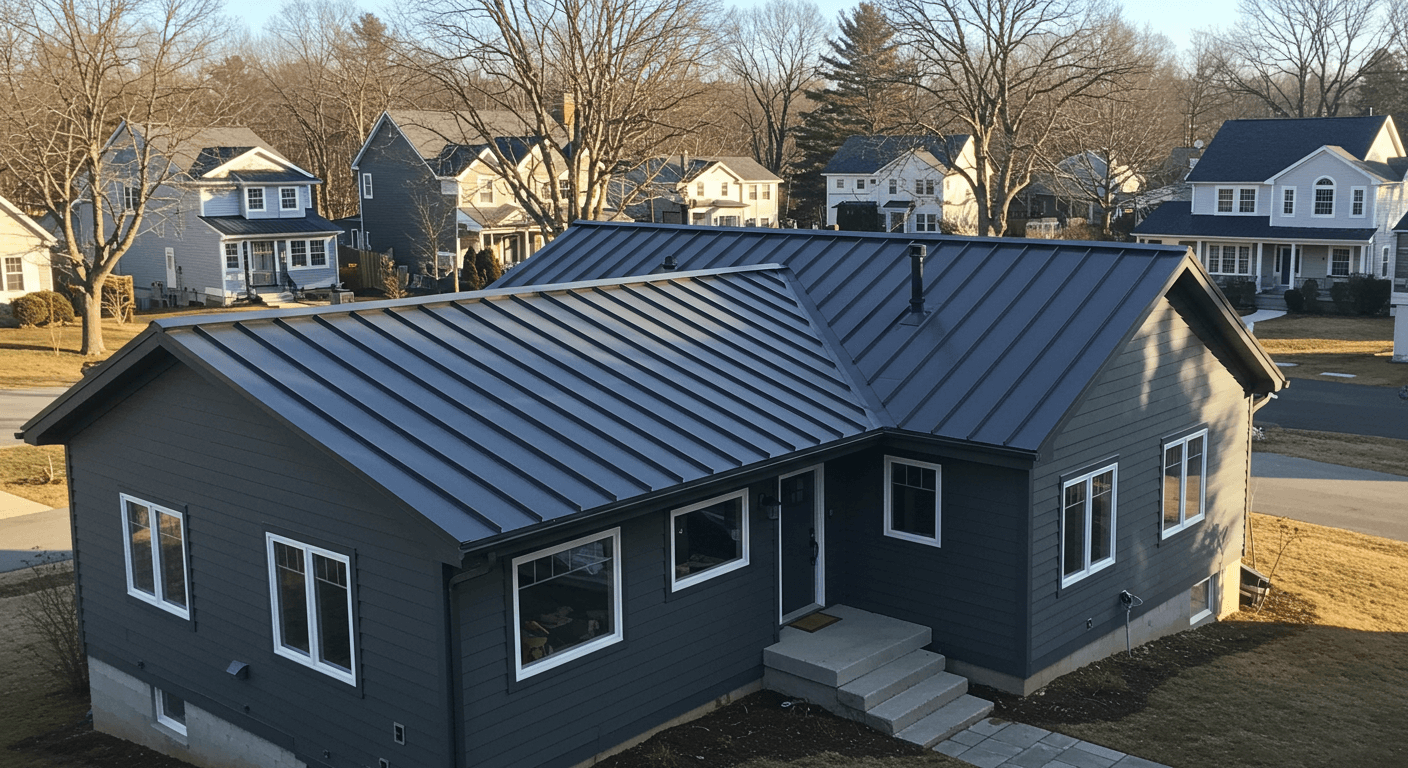 Modern metal roofing on a home in Sterling, Massachusetts, showcasing durability and energy efficiency in harsh weather conditions.