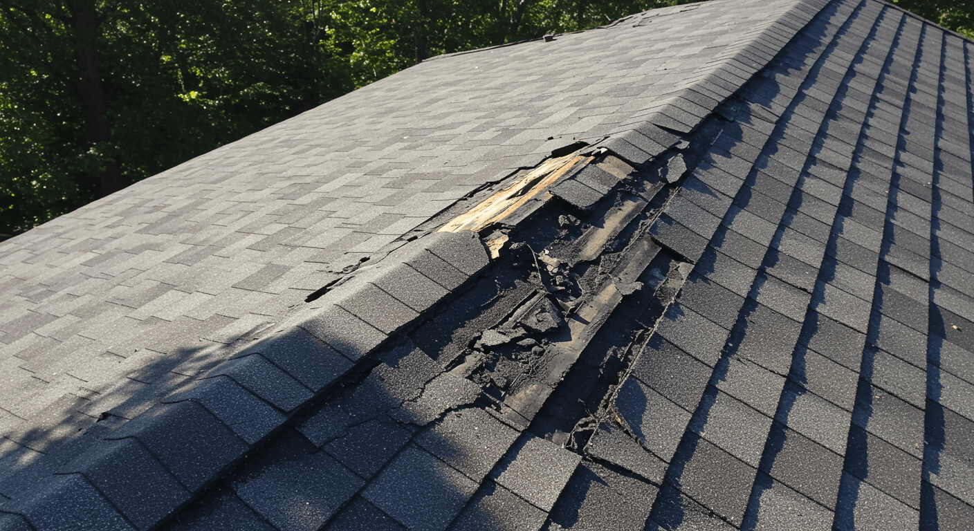 Cracked and missing asphalt shingles on a roof in Sterling, showing the need for replacement.
