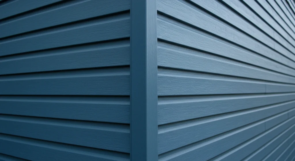 Close-up of blue vinyl siding with clean lines and a modern finish