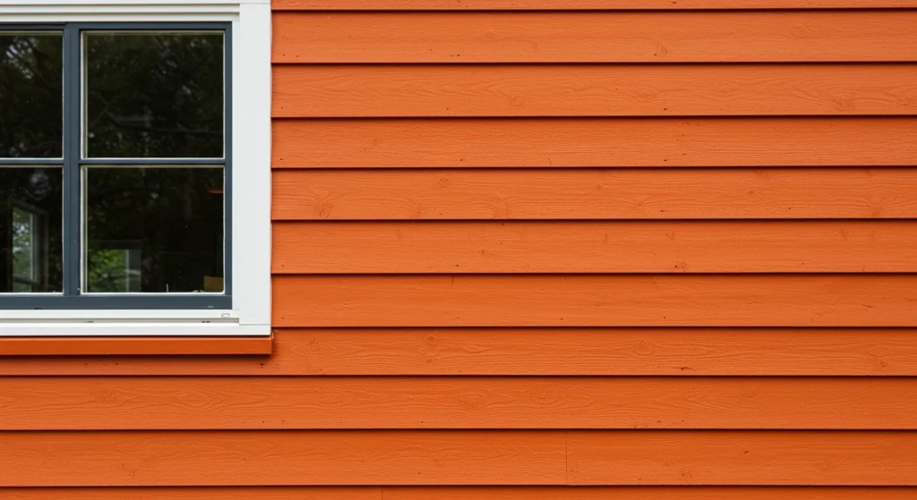 Close-up of orange wood siding with visible texture and a window framed in white.