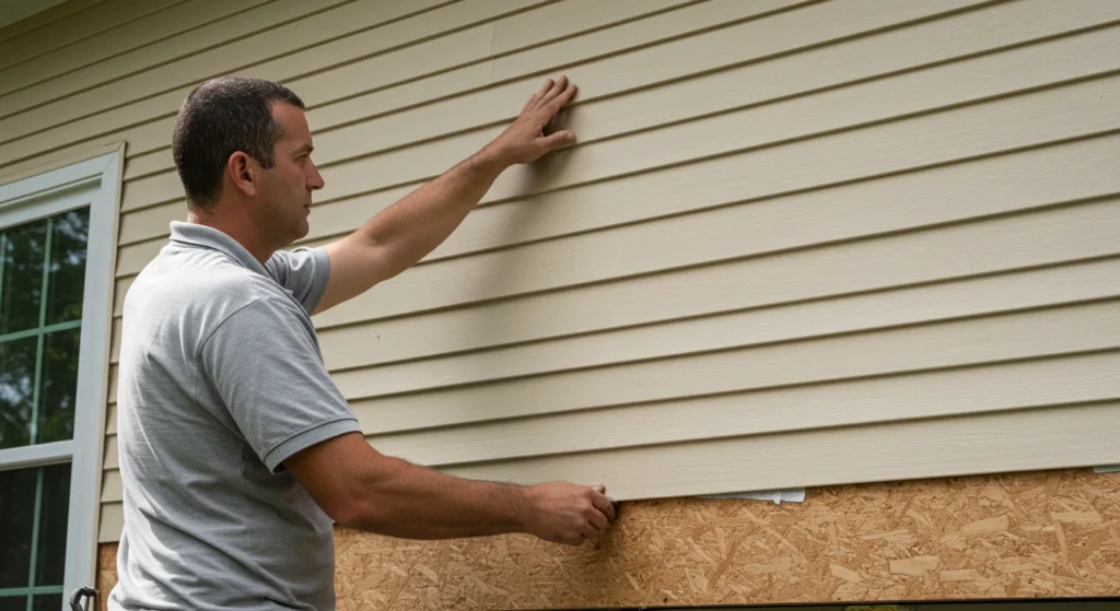 A person installing siding on a house with beige panels, focused on the process of construction