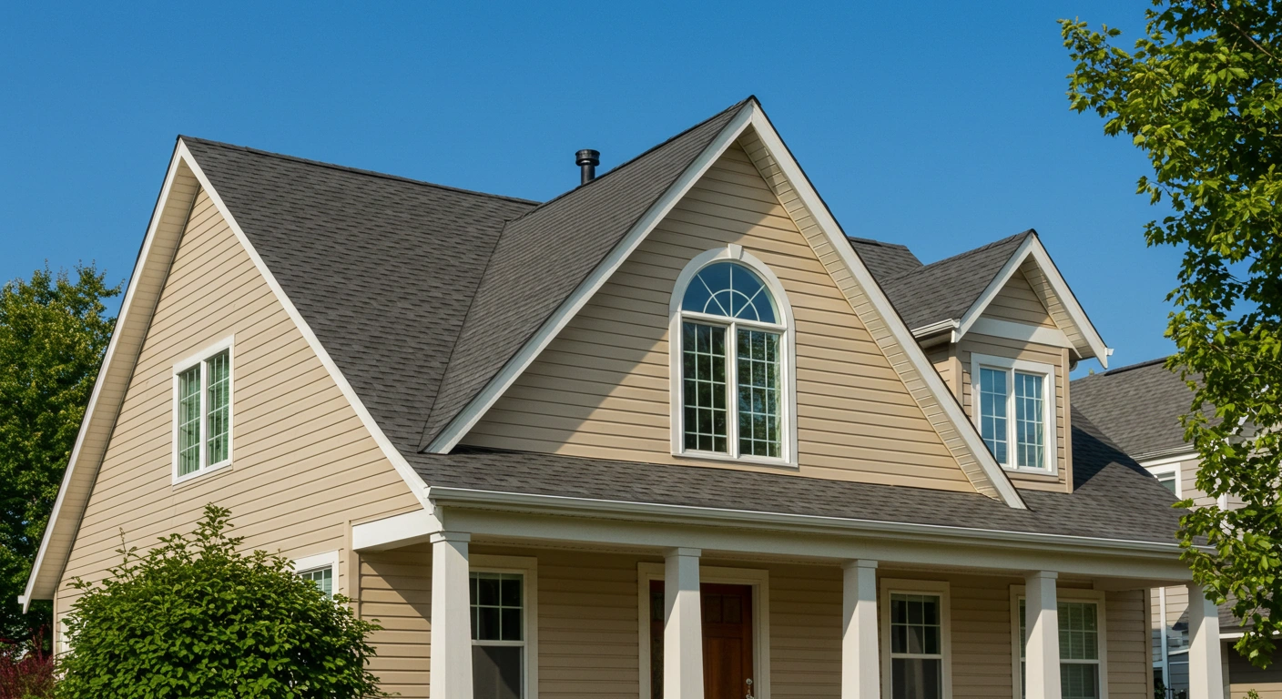 A large beige house with freshly installed siding and a well-maintained front yard.