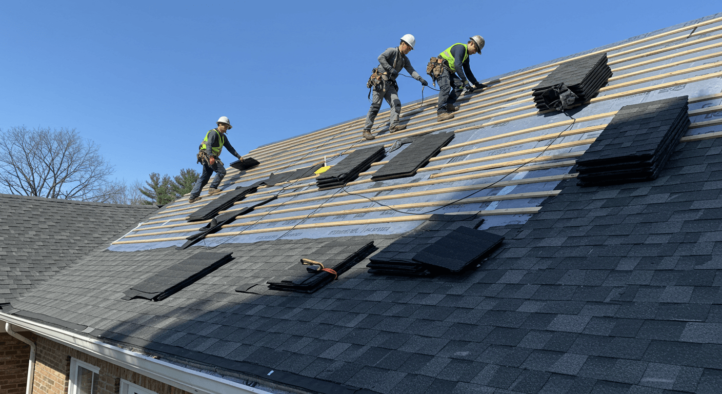 Roofing contractors installing asphalt shingles on a home in Sterling, MA with a clear sky.