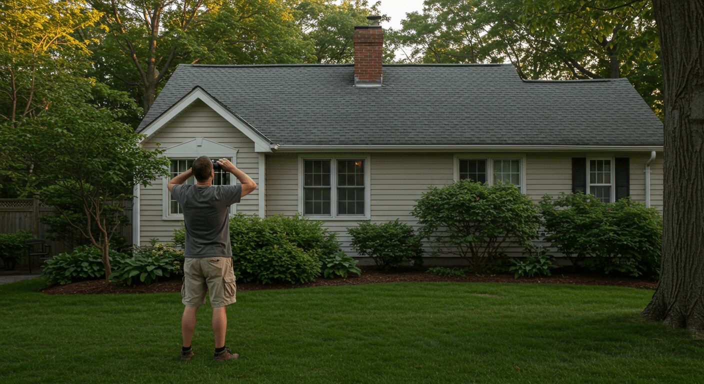 A homeowner inspecting roof by binoculars.