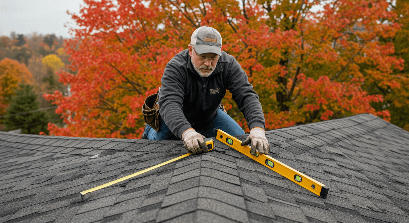 A man inspecting a roof with tools in Sterling MA