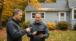 Roofer showing photos of roof damage on a tablet to a homeowner in front of their Sterling, MA house.