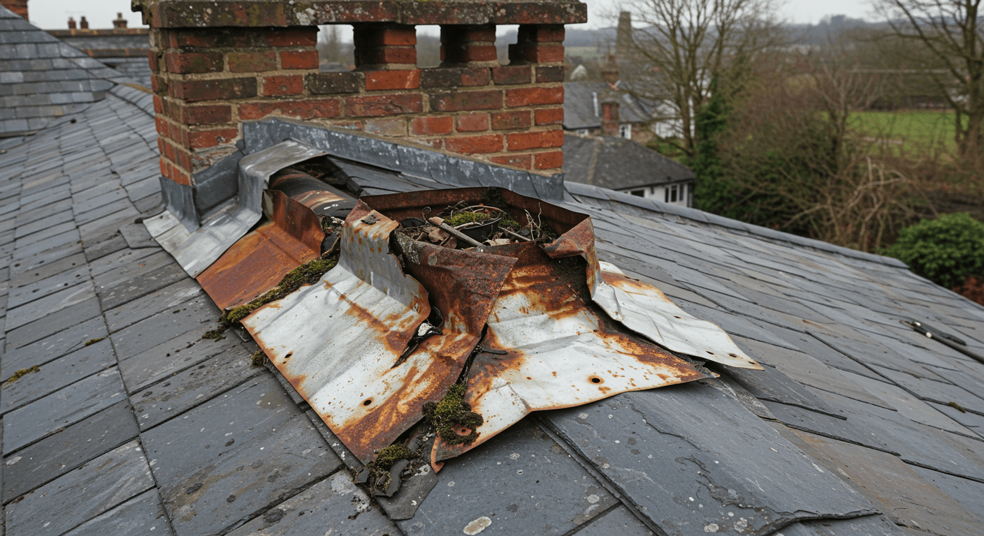 Rusty roof with broken gutter in Sterling MA